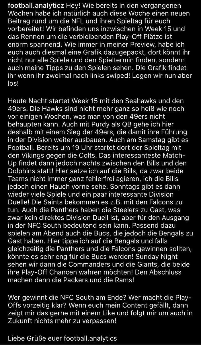 ftbllanalytics's tweet photo. Hey! Wie bereits in den vergangenen Wochen, habe ich euch natürlich auch diese Woche eine kleine Preview zu der NFL gebracht! Wir sind schon in Week 15 und das Rennen um die Play-Offs geht in die heiße Phase! #ranNFL #ranNFLsuechtig #NFLGermany #NFLDeutschland https://t.co/zTh9k2nuvj