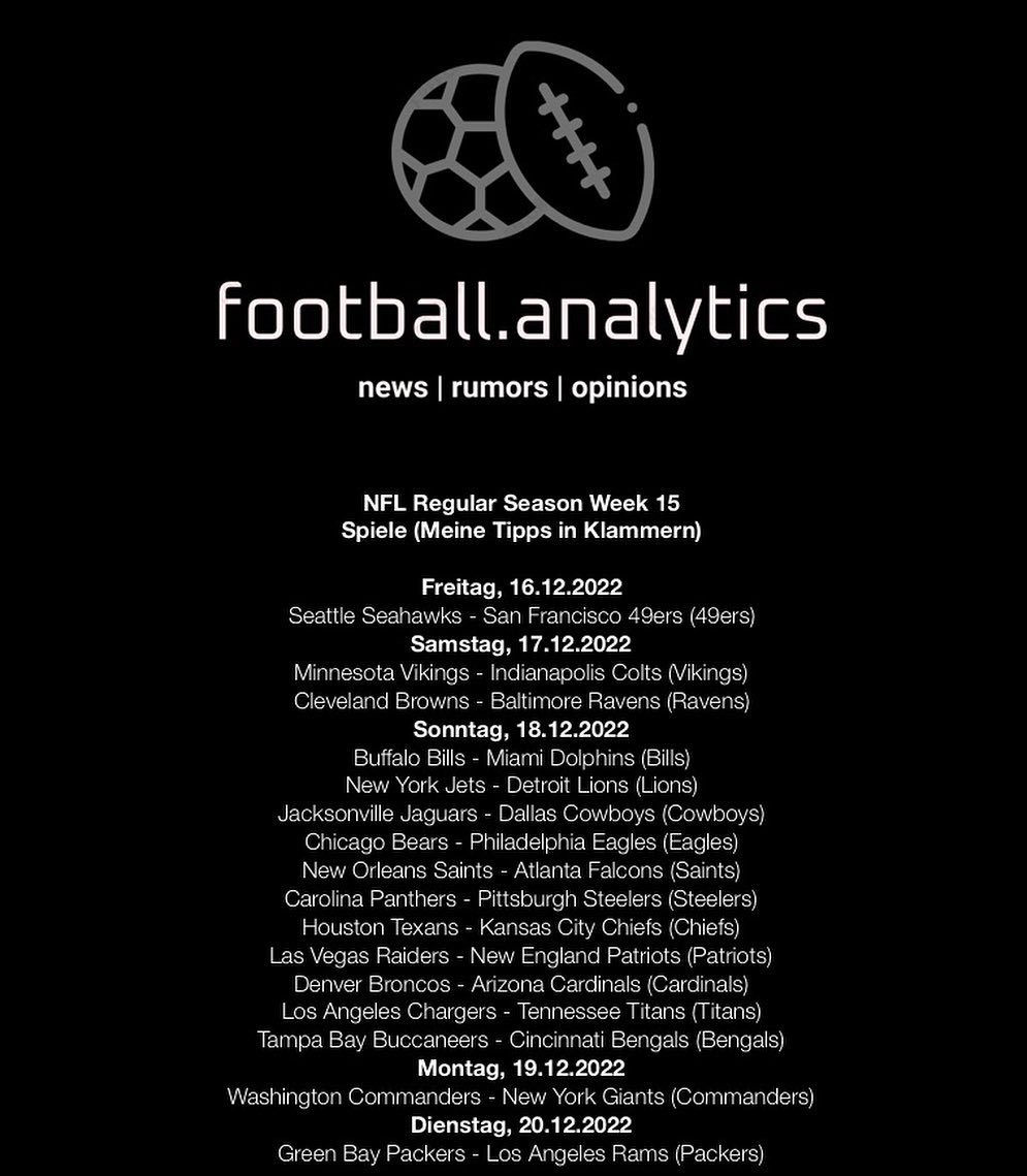 ftbllanalytics's tweet photo. Hey! Wie bereits in den vergangenen Wochen, habe ich euch natürlich auch diese Woche eine kleine Preview zu der NFL gebracht! Wir sind schon in Week 15 und das Rennen um die Play-Offs geht in die heiße Phase! #ranNFL #ranNFLsuechtig #NFLGermany #NFLDeutschland https://t.co/zTh9k2nuvj