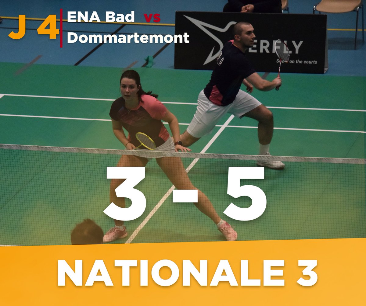 ENA_Bad's tweet photo. [Nationale 3🏸]

Le week end dernier, l’ENA Bad recevait le Dommartemont Badminton Club au Centre Omnisports de Brumath. 

Malheureusement, notre équipe s’est inclinée face au leader de la poule ! Première défaite de la saison: 3/5 ➡️ Bonus défensif !
#badminton #interclubs https://t.co/CcWXH5esmv