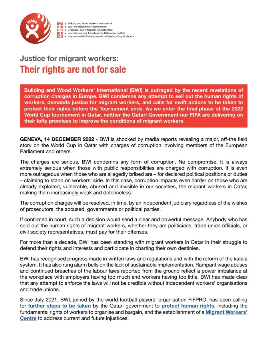 BWIglobal's tweet photo. Zero tolerance on corruption. The human rights of workers cannot be sold out.
Stand #WithMigrantWorkers - join the calls for a Migrant Workers’ Centre and remedy against injustices before the World Cup is over. #PayUpFIFA
Statement here. ⬇️
https://t.co/frW8KX3jeA https://t.co/FWXncsE4xn