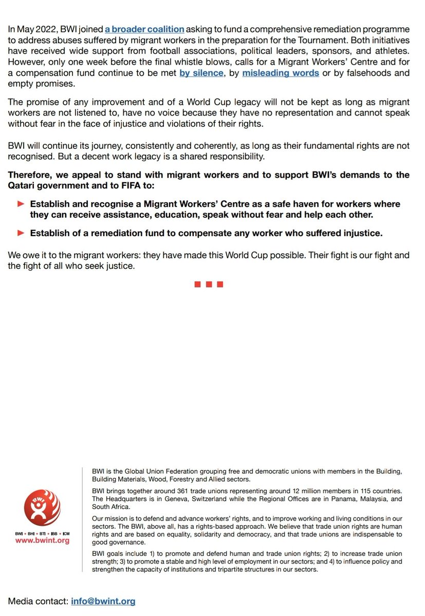 BWIglobal's tweet photo. Zero tolerance on corruption. The human rights of workers cannot be sold out.
Stand #WithMigrantWorkers - join the calls for a Migrant Workers’ Centre and remedy against injustices before the World Cup is over. #PayUpFIFA
Statement here. ⬇️
https://t.co/frW8KX3jeA https://t.co/FWXncsE4xn