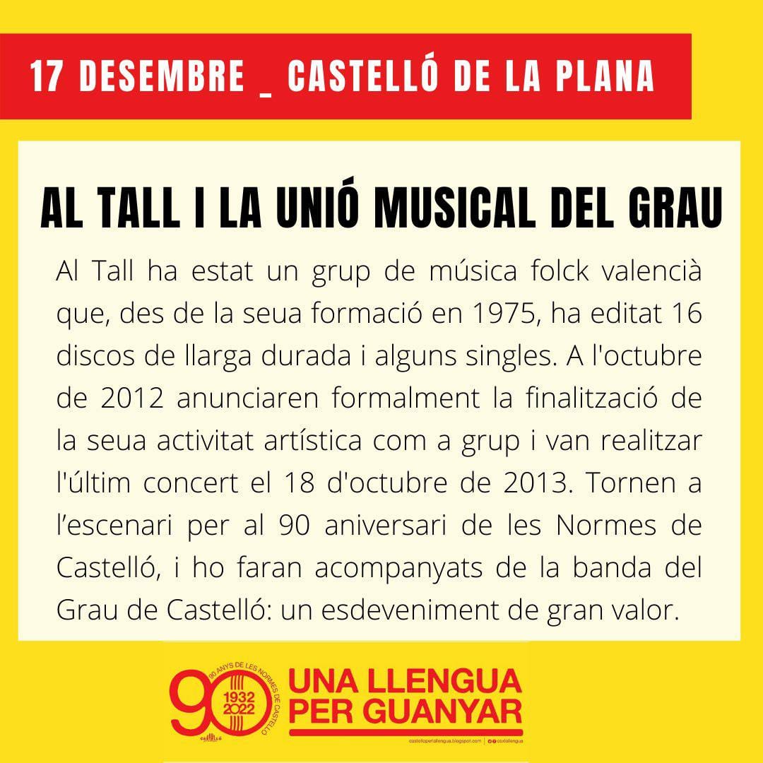 UnioMusicalGrau's tweet photo. Recordeu que este dissabte 17 de desembre a les 19h estarem al Recinte de Fires i Mercats de Castelló  en un concert en què tindrem el goig de tocar amb Al Tall després de quasi 10 anys de la seua dissolució. Serà una fita absolutament excepcional! #NormesDeCastelló @csxlallengua https://t.co/PyjYFP3gCO