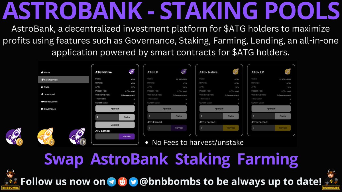 allchainbombs's tweet photo. #AstroBank, The Bank for $ATG holders. Decentralized investment platform for $ATG holders to maximize profits using features such as Governance, #Staking  #Farming #Lending, an all-in-one application powered by smart contracts for $ATG holders, DYOR! #BNBbombs @AstroGrowToken https://t.co/klXIwUy7VR
