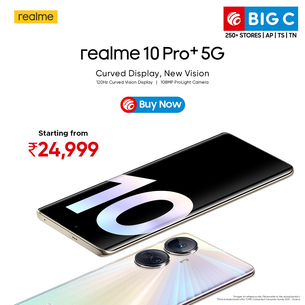 BigCMobilesIND's tweet photo. The realme 10 Pro Plus 5G Sale is Live Now!!
Starting from ₹24,999
Visit your Nearest Big C Store
Shop Us: https://t.co/Kh704PC37L
Call Us: 18001234578
#REALME #realme10proplus5g #realme10proplus #BigCstore #BigCMobiles #BigC #ThinkBigThinkBigC #mobilestore #smartphone https://t.co/MvhNVrMStA