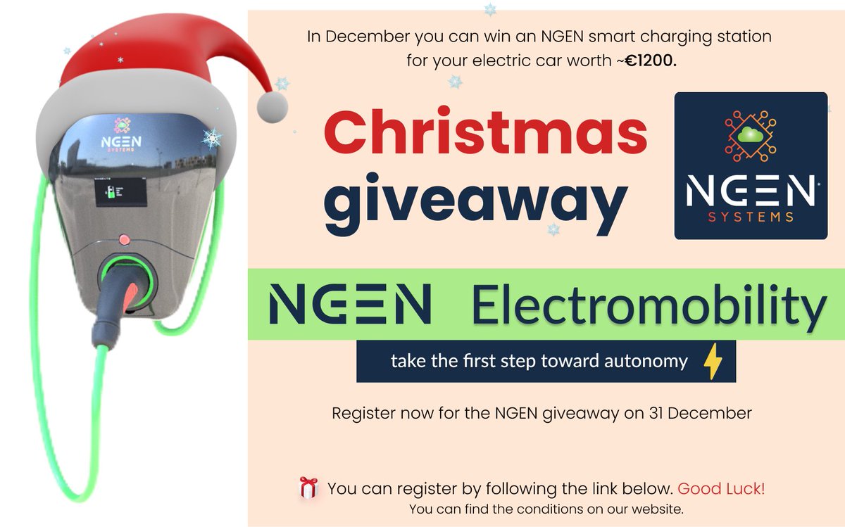 NgenSystems's tweet photo. Ready to win an amazing brand new NGEN EV Charging Station? Follow the instructions below for a chance to enter our epic giveaway!
Register at https://t.co/o1gLtdXx1F.
Retweet this tweet and Follow us on Twitter.
We'll announce the winner by 03.01.2023.
Good luck! #giveaway #win https://t.co/LyaxVjIb6i