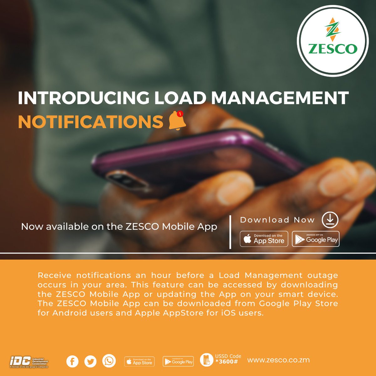 ZescoL's tweet photo. The ZESCO Mobile App introduces Load Management notifications to notify you an hour before load management outages  occur in your area. This feature can be accessed by downloading the ZESCO Mobile App or updating the App on your smartphone. https://t.co/ignvQx3jPI