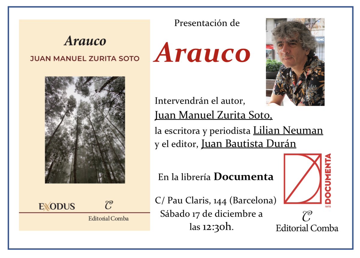 EditorialComba's tweet photo. «Era aquello lo que me venía dando vueltas desde hacía tiempo pero no me atrevía a pedir.» ¿Y qué sería? Leed en este enlace las primeras páginas de #Arauco, espléndida e inquietante novela de Juan Manuel Zurita Soto que el sábado presentamos en Documenta.
https://t.co/aVE4R6qWTr https://t.co/5s1vyKW0SZ