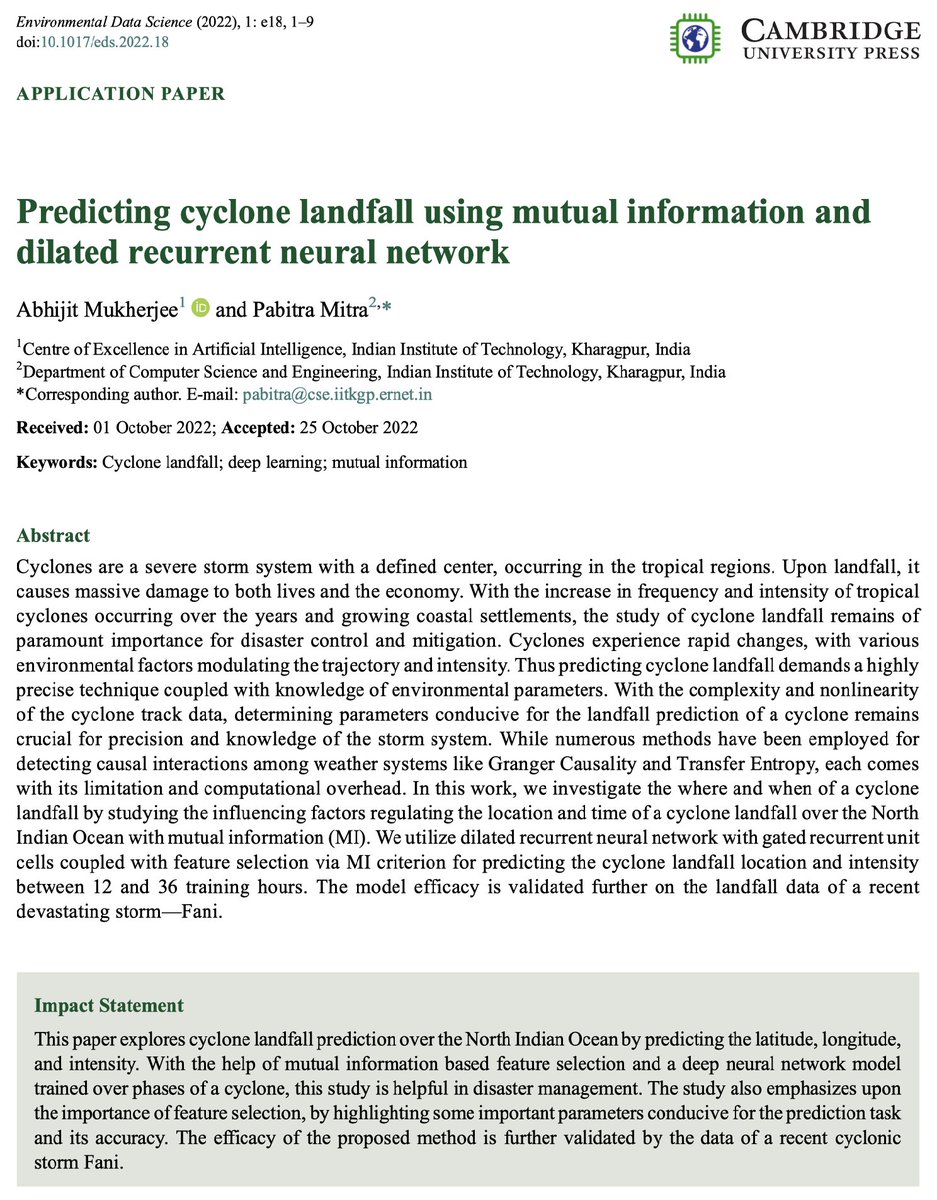 EnvDataScience's tweet photo. Predicting cyclone landfall using mutual information and dilated recurrent neural network
Abhijit Mukherjee & Pabitra Mitra, @IITKgp
→ https://t.co/yHOjPkXhHU
#CycloneLandfall #DeepLearning #MutualInformation #Cyclones #TropicalCyclones #CycloneFani #RecurrentNeuralNetworks https://t.co/EYlyjBDLmL