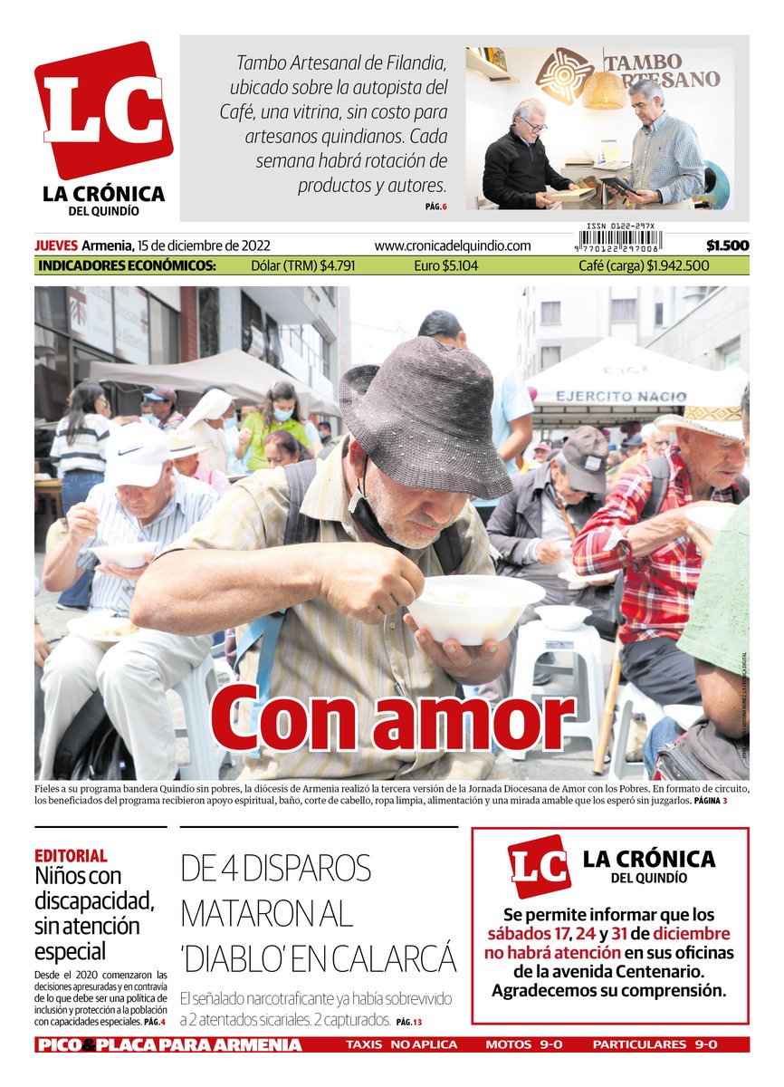 croniquindio's tweet photo. #PortadaLC 📰 | ¡Muy buenos días! 🌤️ Te presentamos nuestra portada para este #jueves 15 de #diciembre. Encuentra toda la información del #Quindío en nuestro sitio web: https://t.co/8FViyzARda https://t.co/WprqEE5dpT