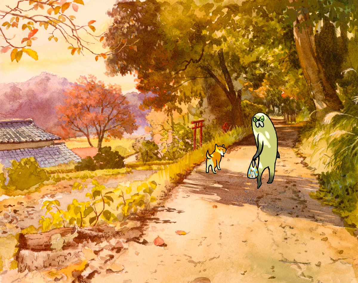 「秋の田舎道を歩くムジーナ 」|だまち(さめしまきよし)のイラスト