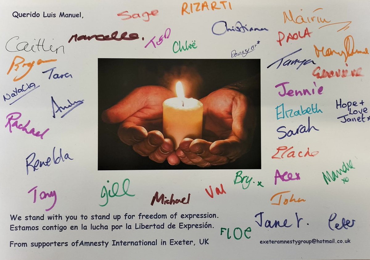 Sending love and support from Exeter, UK <a href="/LMOAlcantara/">Luis M. Alcantara</a> @movsanisidro #exeteramnesty #WriteForRights #humanrights #HumanRightsDay