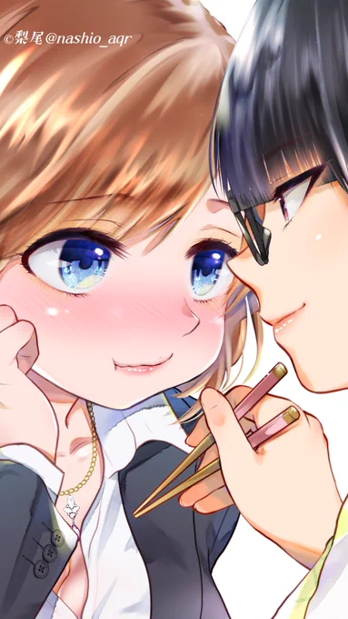 アラサー美女は地味女に餌付けされる見つめ合う二人のラフ〜完成絵までをリール動画にしてみました(*'▽`)つ↓…#創作百合 #百合 