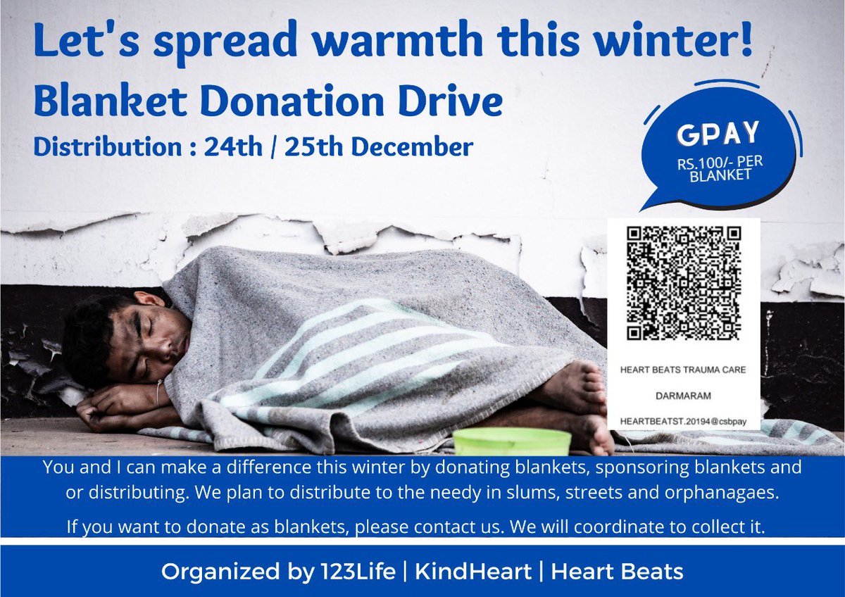 “Let’s spread warmth this winter” Blanket drive in Bangalore. Support the noble cause. Join us.
To sponsor the blanket drive, scan the QR code in the image