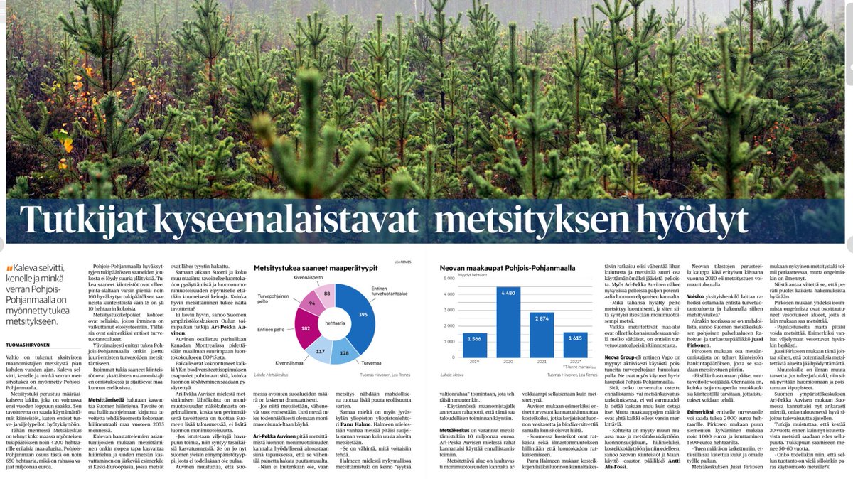 Kommentoin metsittämistä tähän @Kaleva_fi juttuun. Metsittäminen voi olla sekä luonnolle, että ilmastolle hyvä asia, mutta se kohdentuu nyt väärin ja aiheuttaa sekä vesistöhaittoja, että luontokatoa. 1/6