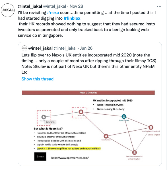 intel_jakal's tweet photo. I think its time to stick a fork in @finblox . They originally came onto my radar when looking at some of #nexo's relationships back in June.  former director #shulev popped with a UK "finblox" entity https://t.co/u5FZ8BT2YW