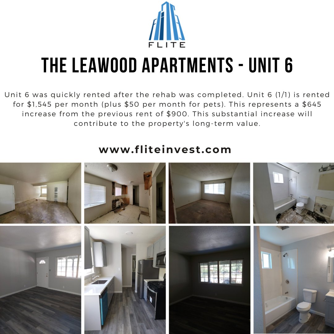 FliteInvest's tweet photo. Unit 6 was quickly rented after the rehab was completed. 

Unit 6 (1/1) is rented for $1,545 per month (incl. $50 per month for pets). 

This represents a $645 increase from the previous rent of $900. 

This substantial increase will contribute to the property's long-term value. https://t.co/58V6QGgzav