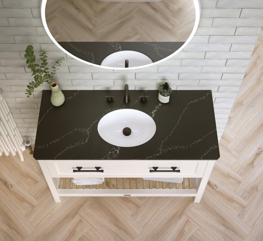 UtopiaBathrooms's tweet photo. A monochromatic contrast, our new Tempest Black worktop from Utopia’s 20mm Solid Surface Collection is unapologetically bold and a great way to add a luxe touch to any home. https://t.co/tCxXFnyWBd