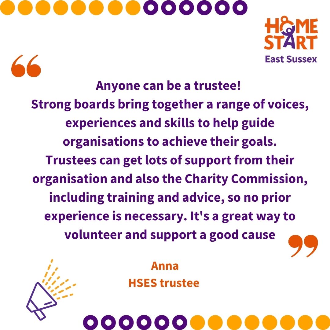 Are you interested in becoming a trustee?

Home-Start East Sussex are looking for a trustee with experience of managing budgets 💙

If interested: please get in touch and email info@hses.org.uk. 

#HomeStartTrustee