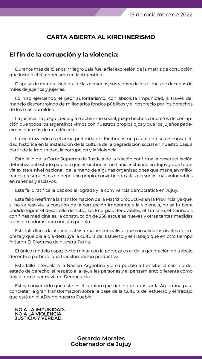 ¡JUSTICIA Y VERDAD!

A partir del fallo de la Corte Suprema de Justicia de la Nación que ratifica la condena de Milagro Sala. 

Carta abierta al Kirchnerismo👇