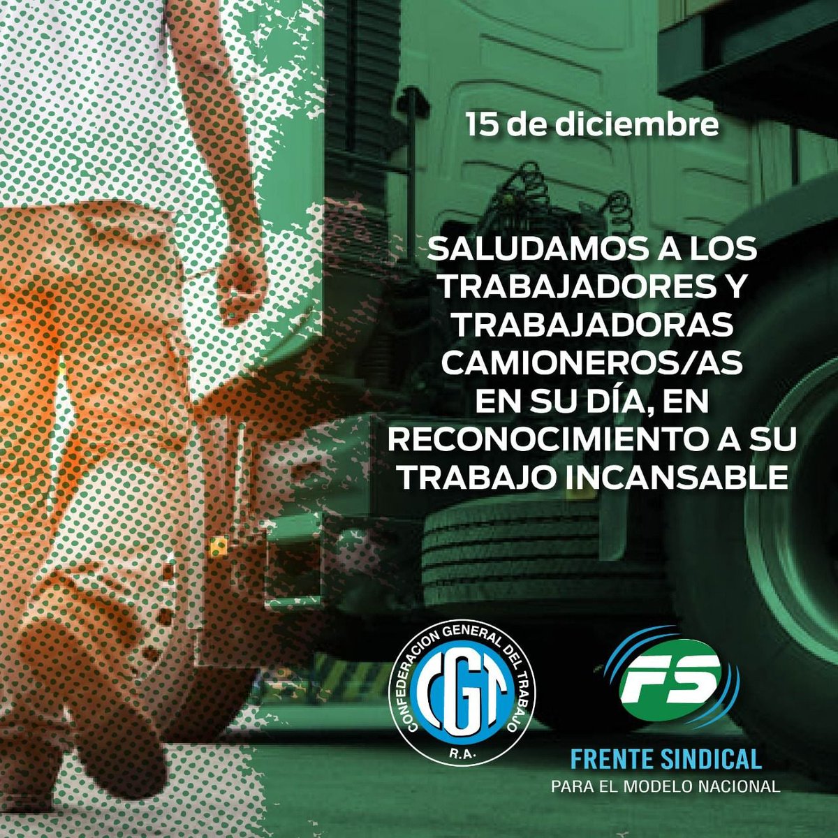 📌 FRENTE SINDICAL 

El Frente Sindical para el Modelo Nacional saluda a todos los trabajadores y trabajadoras en el Día del Camionero en reconocimiento a su trabajo incansable. 
#frentesindical #Camioneros #diadelcamionero #15DeDiciembre