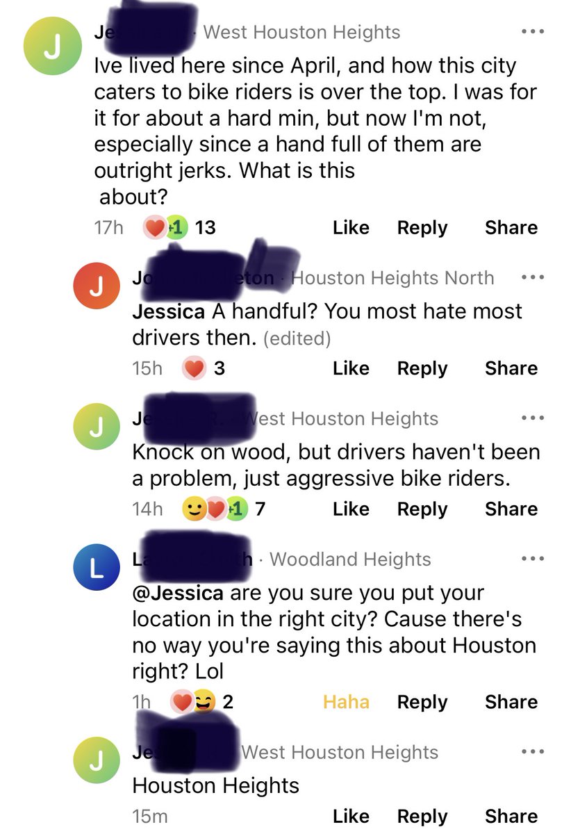 We have a new winner (or master whiner) in the 11th Street improvement discussion. Houston “caters to bikers.” 😂😂😂#11thstreet #VisionZero #NIMBY #houstonheights