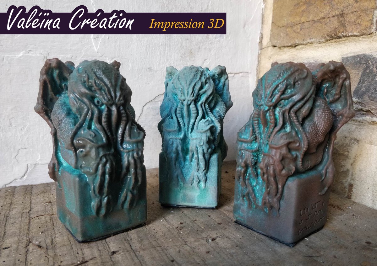 J'ai profité d'une commande d'une statue de #cthulhu pour en imprimer quelques exemplaires et réaliser de tests d'oxydation.
Ceux aux extrémités sont huilés, ce qui leur donne un aspect brillant et sont doux au toucher!

#3dprint #lovecraft #copper
