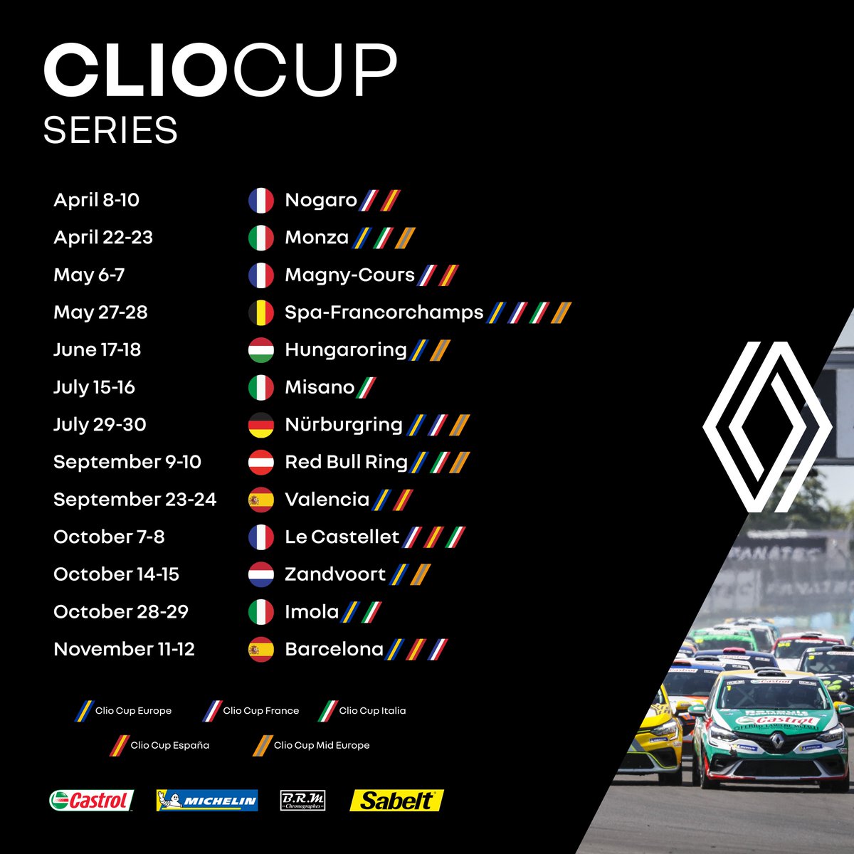 Spearheading the one-make cups since 1991, the #ClioCup heads for the 2023 season with an exceptional programme on thirteen of Europe's finest tracks! 