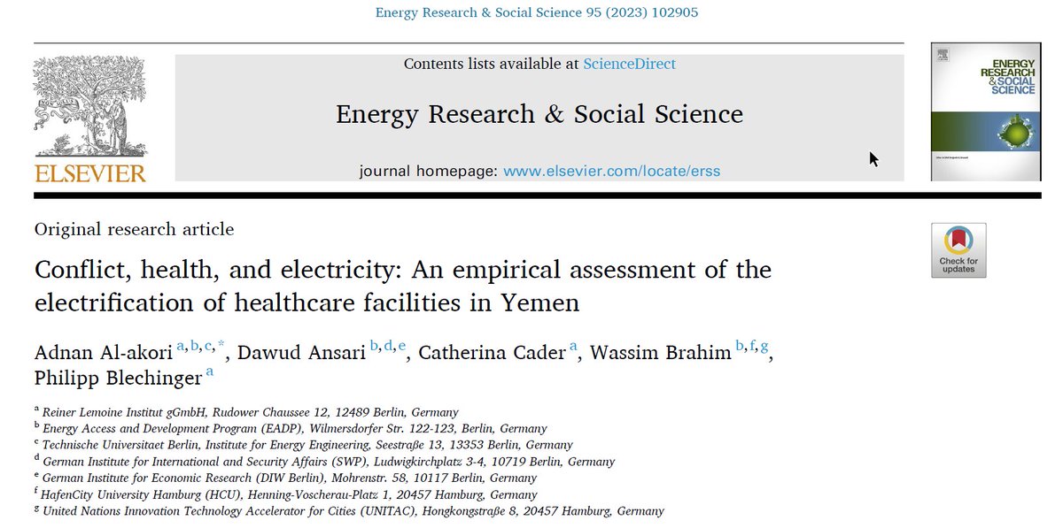 🚨Excited to see this piece of work is peer-reviewed now on #ERSS and co-authored with my colleagues from @RL_Institut , @SWPBerlin and @HCUHamburg Paper's link: lnkd.in/eYUWdK9n #Yemen #energyaccess