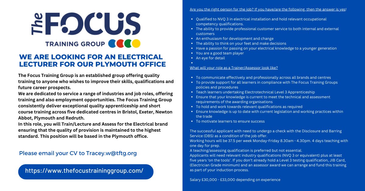focustrainingsw's tweet photo. Come and Join Our Team
We are looking for an Electrical Lecturer for our Plymouth Centre
To apply please email your CV to Tracey.w@tftg.org

#jobsinPlymouth #Plymouthjobs #Electricallecturer #Trainingprovider https://t.co/scLNhCsOnz