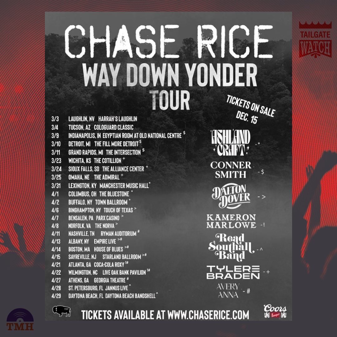 MorningHangover's tweet photo. #TailgateWatch @ChaseRiceMusic announces the Way Down Yonder Tour featuring a new generation of country music superstars in the making including @ConnerVSmith @AshlandCraft @tylerbraden @Kameron_Marlowe @Avery_Anna_ https://t.co/sCvT28Nr7L