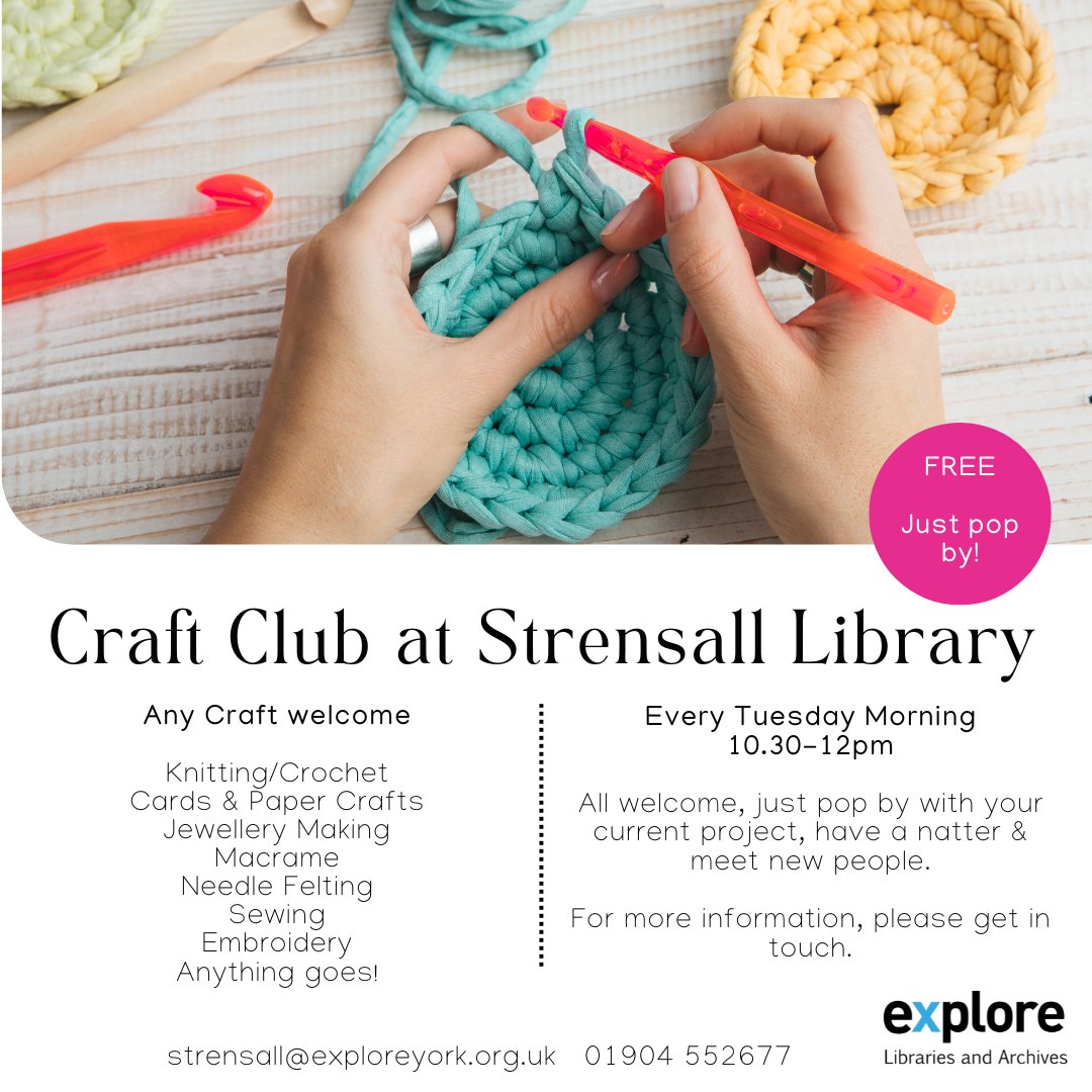 StrensallLib's tweet photo. Join us for our last Craft Club session of 2022 on Tuesday 20th of December, bring along your current project & have a natter!
The Craft Club will resume on Tuesday 3rd of January 10.30-12pm 🎄
#explorelibraries #craftclub #strensall #strensalllibrary #christmas2022 https://t.co/hI6ua6MhF8