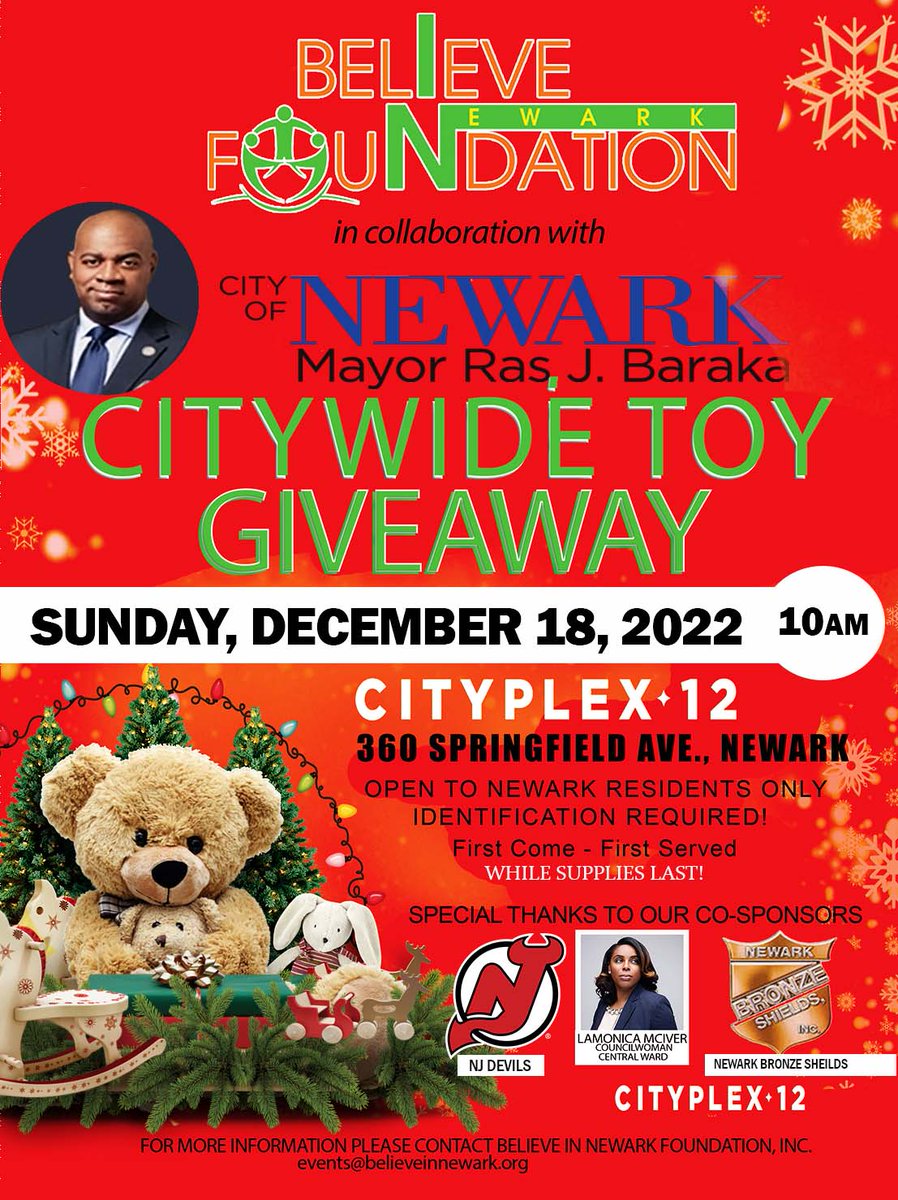 Hey #NEWARK, The Believe in Newark Foundation is hosting a Citywide Toy Giveaway! This giveaway is open to NEWARK RESIDENTS ONLY*. Enjoy !! 

📍Cityplex 12, 360 SPRINGFIELD AVE., NEWARK
📅December 18th, 2022 at 10AM

For more information:
events@believeinnewark.org

ID REQUIRED!*