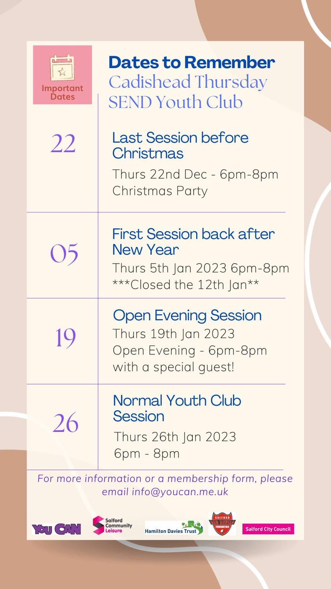 Pls RT! Open evening for SEND YP aged 10-24yrs who live in Cadishead/ Irlam/Eccles area. Parents/carers/ support workers welcome!Great opportunity to see first hand what we do at the youth clubs and get more information.
Thurs 19th Jan, 6pm - 8pm @ Cadishead Community Hall.