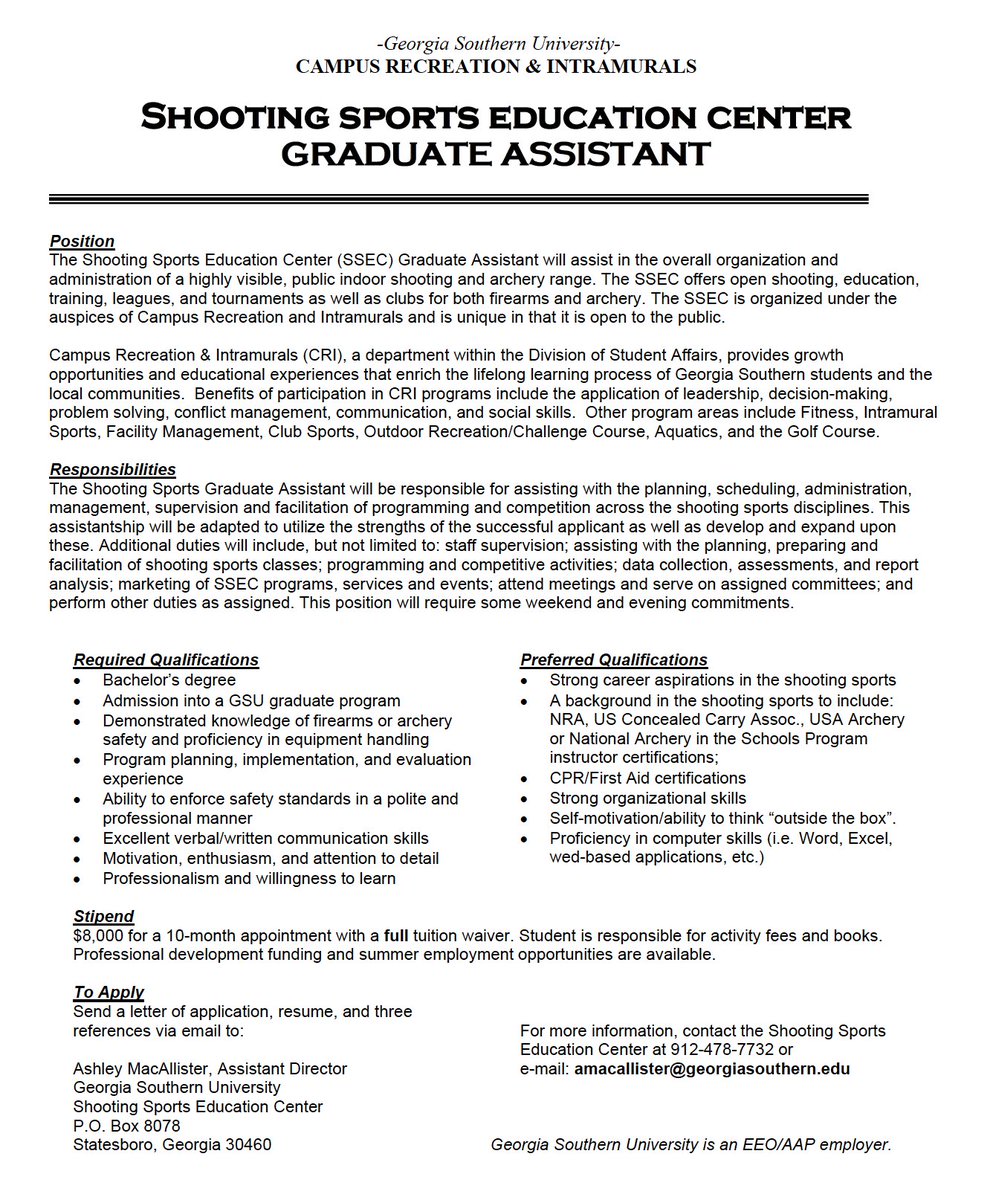 USAShooting's tweet photo. @GeorgiaSouthern University is hiring a graduate assistant for the  Shooting Sports Education Center (SSEC). 🎯
Email Ashley MacAllister for more details/to apply amacallister@georgiasouthern.edu https://t.co/isWwMocx8b