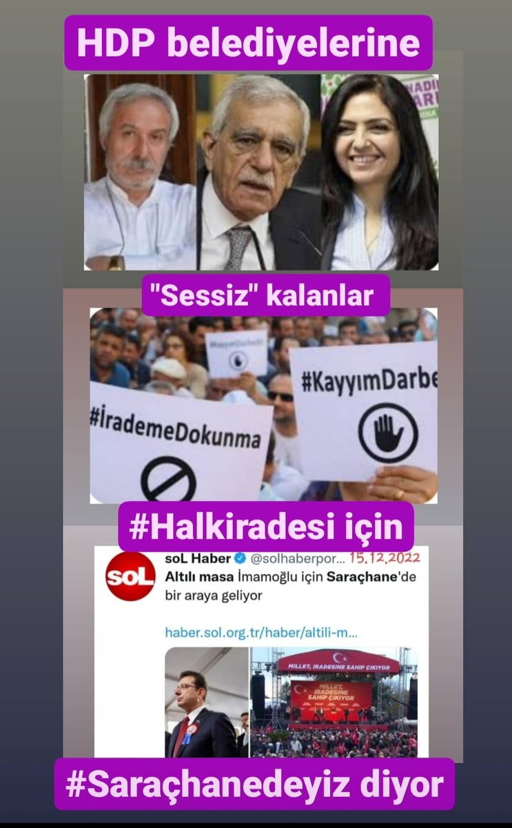 HDP belediyelerine kayyumla el konulurken ses etmeyenler Ekrem İmamoğlu'na verilen 'ceza' sonrası #i̇stanbulyargılanıyor #irademedokunma #kayyum #ekremimamogluyalnizdeğildir #Saraçhanedeyiz diyor

Elebette halkın iradesine saygı durulmalı ama başına gelince değil.

#HalkınGündem