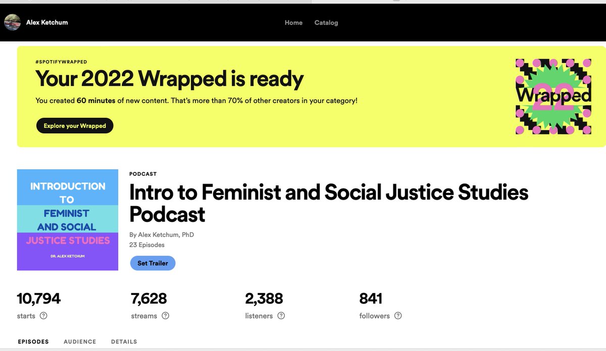 In 2020 and 2021, I taught my Intro to Feminist and Social Justice course via podcast with transcripts (https://t.co/lyBmiCAh81)- and I made it accessible on all major podcasting apps. It's still available through places like Spotify. Kinda cool to see the @Spotify Wrapped for it https://t.co/7uiY1Oi8Ic