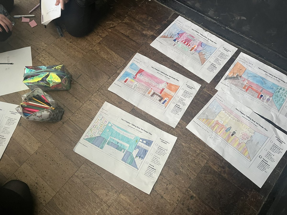 Lovely lesson with Year 8 today. They are working super hard on their set designs for the Talking Shop scene in Mary Poppins ready to make them 3D!! 🎭🌂