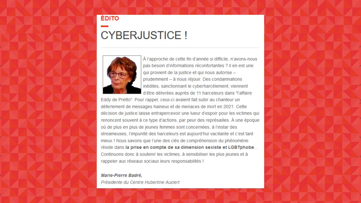 CentreHubertine's tweet photo. La dernière #Cybertine de l'année est en ligne : "À une époque où de plus en plus de jeunes femmes sont concernées par le #cyberharcèlement, l’impunité des harceleurs est aujourd’hui vacillante grâce à une décision de justice ! " @mpbadre 👉 https://t.co/c5q9pfX9MV https://t.co/zc6IlkWBsd