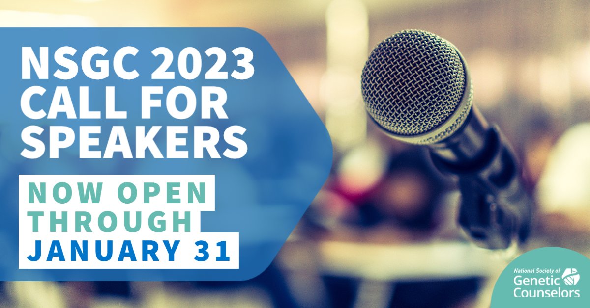 The call for speakers for #NSGC23 is now open through January 31, 2023! Accepted proposals will work closely with the Program Committee to develop ideas into an educational session. Unique session formats are welcome and encouraged! Submit here: bit.ly/3jdak71 #GeneChat