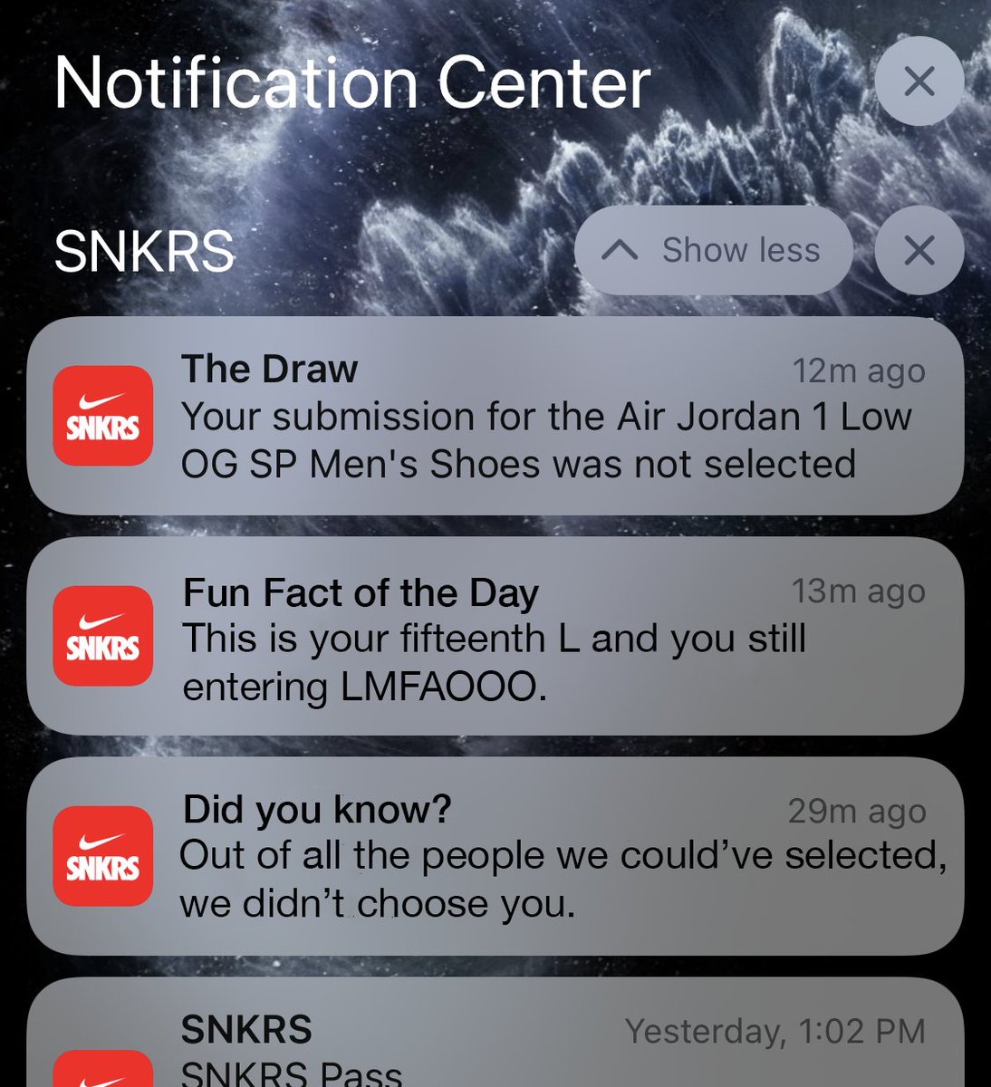 JustFreshKicks's tweet photo. If SNKRS was honest 💀 https://t.co/ETMm2iAOzv