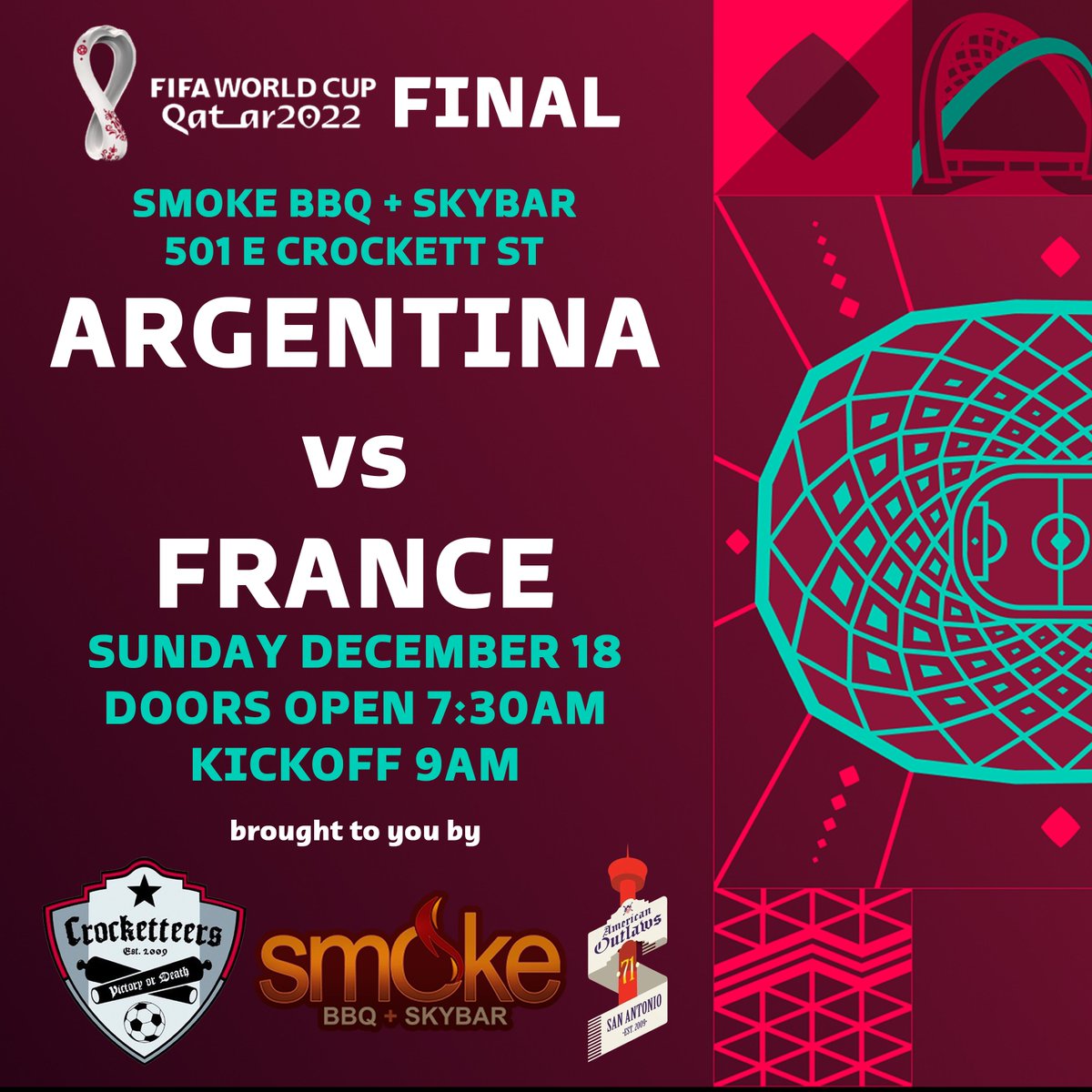 Crocketteers (@crocketteers) on Twitter photo Watch the <a href="/FIFAWorldCup/">FIFA World Cup</a> Final with Crocketteers and San Antonio <a href="/AOSAOutlaws/">AO San Antonio</a> this weekend at the biggest watch party in town. Kick off 9AM, doors at 7:30AM at <a href="/SmokeBBQSkybar/">Smoke BBQ Skybar</a>. Free registration: eventbrite.com/e/485452771307 Jumbo LED Screens, breakfast tacos, space heaters throughout Watch the <a href="/FIFAWorldCup/">FIFA World Cup</a> Final with Crocketteers and San Antonio <a href="/AOSAOutlaws/">AO San Antonio</a> this weekend at the biggest watch party in town. Kick off 9AM, doors at 7:30AM at <a href="/SmokeBBQSkybar/">Smoke BBQ Skybar</a>. Free registration: eventbrite.com/e/485452771307 Jumbo LED Screens, breakfast tacos, space heaters throughout