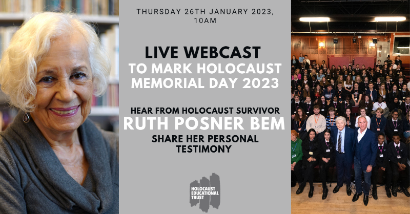 HolocaustUK's tweet photo. Calling all Secondary School teachers and students from Year 9 upwards! Join us on 26th January for our live webcast with Holocaust survivor Ruth Posner BEM to commemorate Holocaust Memorial Day.