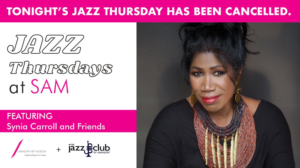 Tonight's Holiday Jazz Thursday with Synia Carroll and Friends has been cancelled due to inclement weather.  

Tickets purchased for tonight's event will be refunded.