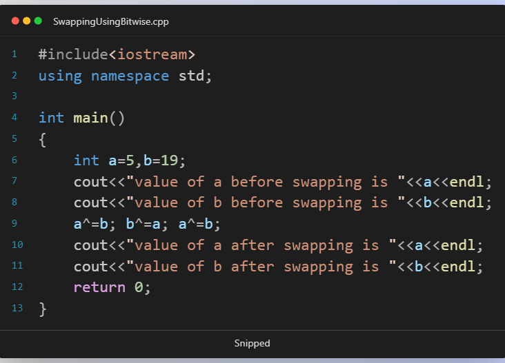 Purvesh_chow's tweet photo. #Day29 #100DaysOfCode
Project : Swapping using ^ bitwise operator
Language : C++
#programming #daily #programmer #cpplanguage #clanguage #DataScience #appdevelopment #tech #technical #girlscript #googledevs #CPP #c #DevOps https://t.co/LwgNgUaJ6n