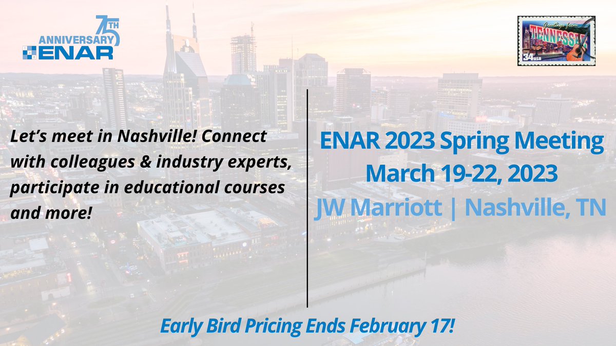 Let’s meet in music city! Enjoy the city views from the JW Marriott, the endless entertainment options, and all things ENAR when you attend the ENAR 2023 Spring Meeting. Register now, early bird prices end 2/17! bit.ly/3BkaVNI #Nashville #ENAR_ibs #biometrics