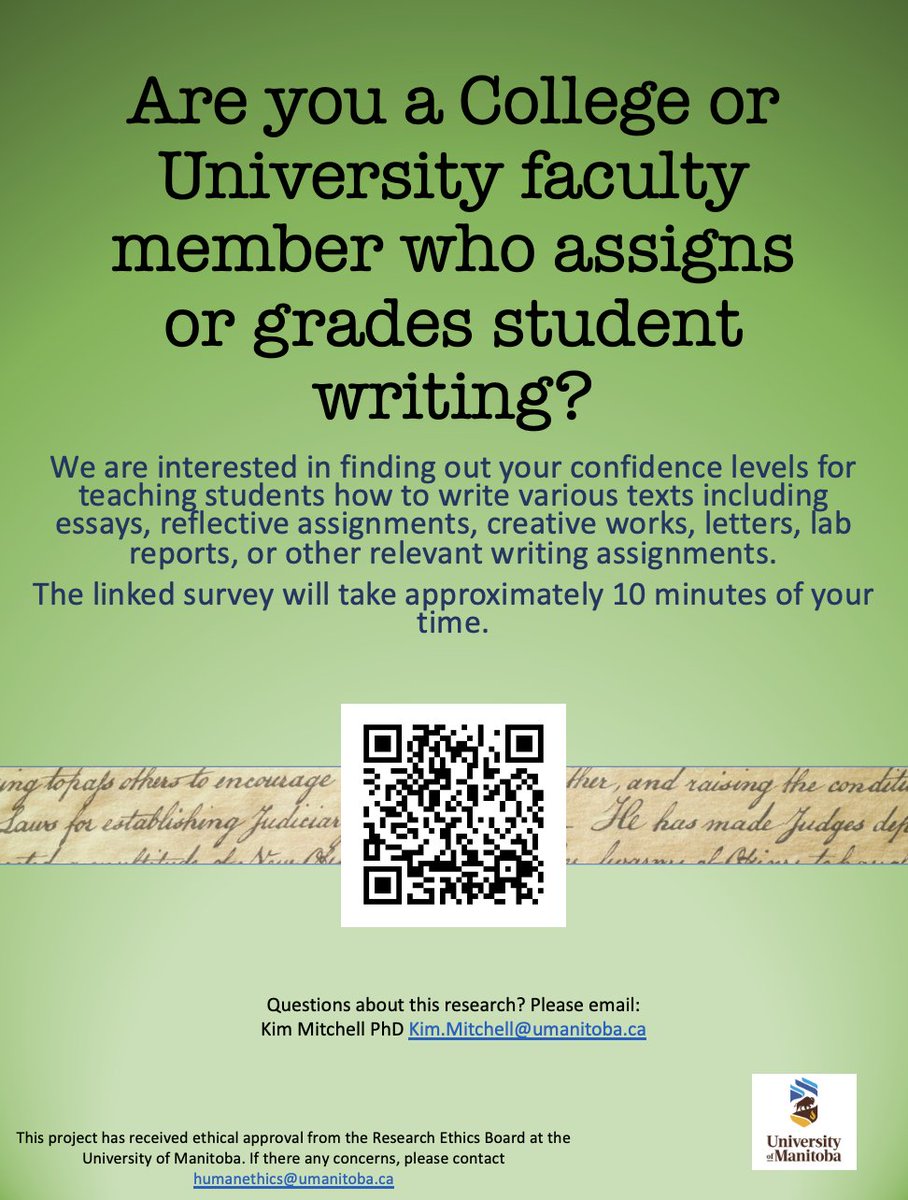 Hello again. Please support this study by boosting through retweet.  We are trying to find out what post-secondary faculty need as supports for guiding writing in the classroom. I'm hoping for 100 Twitter responders (right now I have 14). #AcWri umnursing.ca1.qualtrics.com/jfe/form/SV_8f…