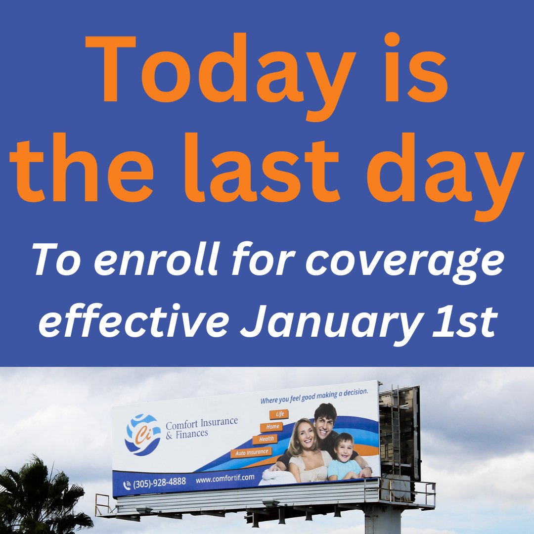 ComfortIF's tweet image. The last day to enroll for health insurance coverage effective January 1st is TODAY!

Visit comfortif.com/health-insuran… for an easy quote, or call us at (305) 928-4888.

#ComfortInsurance #CoveredWithComfort #HealthInsurance #OpenEnrollment