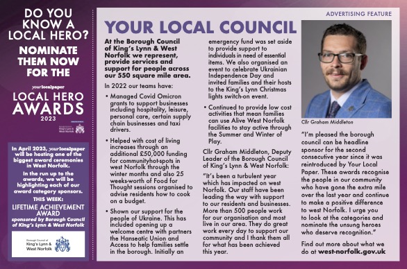 We’re highlighting the Lifetime Achievement Award for our 2023 YLP Local Hero Awards, sponsored by BCKLWN!

Cllr Graham Middleton, Deputy Leader of the BCKLWN says: “I’m pleased the Borough council can be headline sponsor for the second consecutive year!"