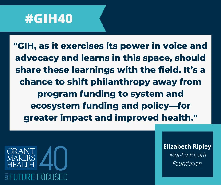 Grantmakers In Health (@gihealth) on Twitter photo As we near the end of #GIH40, we look to the future. Where should philanthropy be focused? How can GIH support? Elizabeth Ripley, CEO of <a href="/healthymatsu/">Mat-Su Health Foundation</a>, outlines a path forward. As we near the end of #GIH40, we look to the future. Where should philanthropy be focused? How can GIH support? Elizabeth Ripley, CEO of <a href="/healthymatsu/">Mat-Su Health Foundation</a>, outlines a path forward.