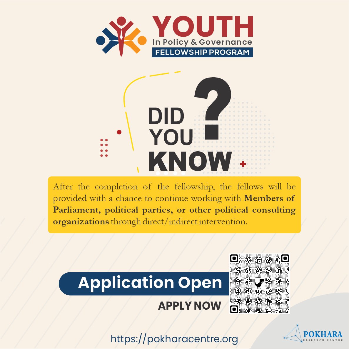 DID YOU KNOW??

7 days remaining to apply for the Youth in Policy and Governance (YPG) Gandaki 2022/23. 

The deadline to apply for the fellowship is on the 22nd of 2022. 

#PRC #YPG #Youthinpolicyandgovernance #fellowship #yearlyfellowship #publicpolicy #governance